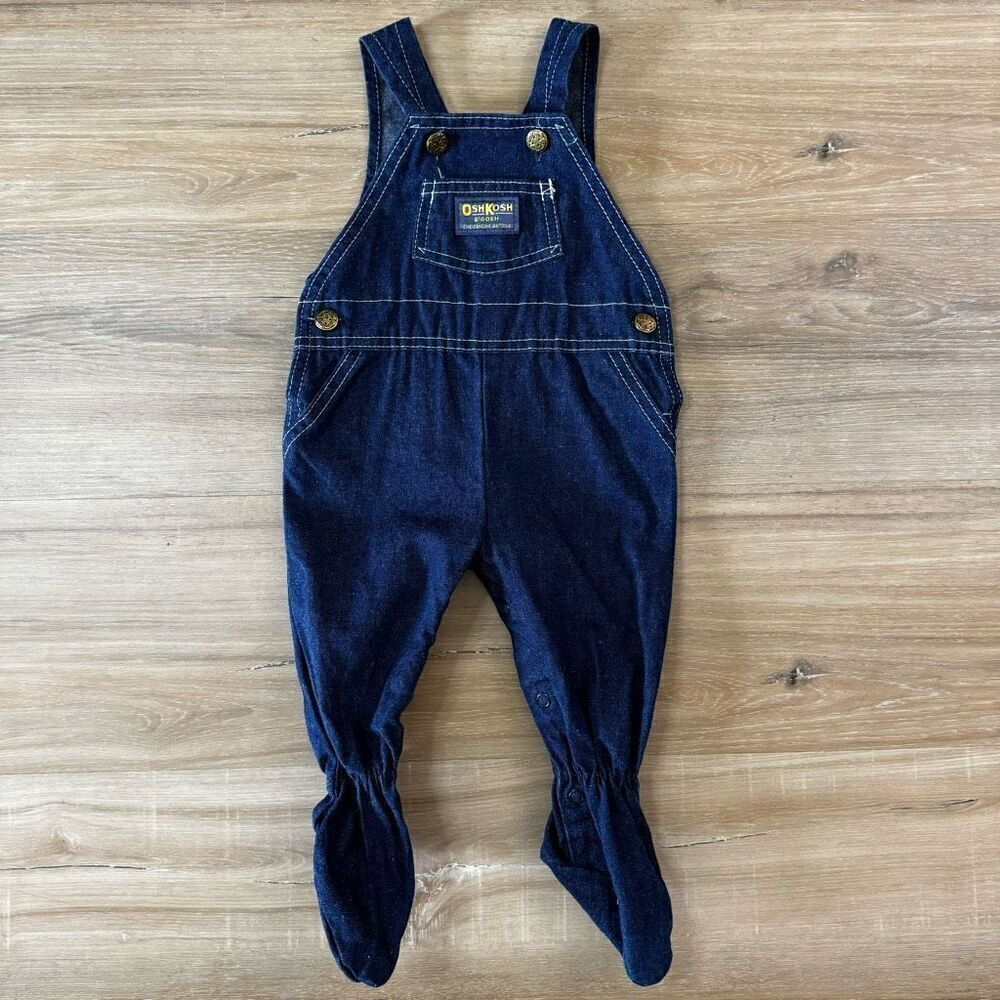 Vintage OshKosh B'Gosh Baby 6/9 Months Footie Denim Overalls Dark Blue Jean
